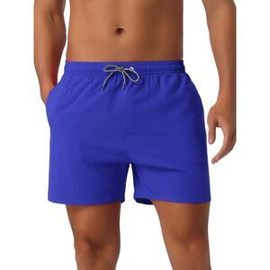 Drawstring Waist Side Pockets Mesh Lining Beach Swim Trunks Blue